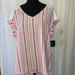 White and Red Asymmetrical Dolman Sleeve Blouse